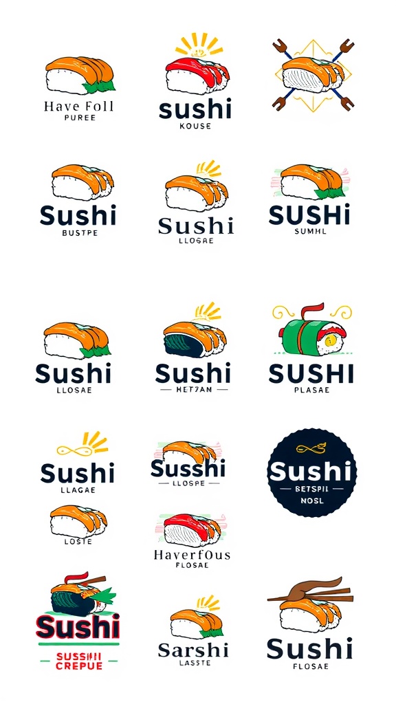 Creative Sushi Logo Design Ideas A variety of sushi logo designs with colorful sushi rolls and elegant typography, reflecting different styles and creativity.